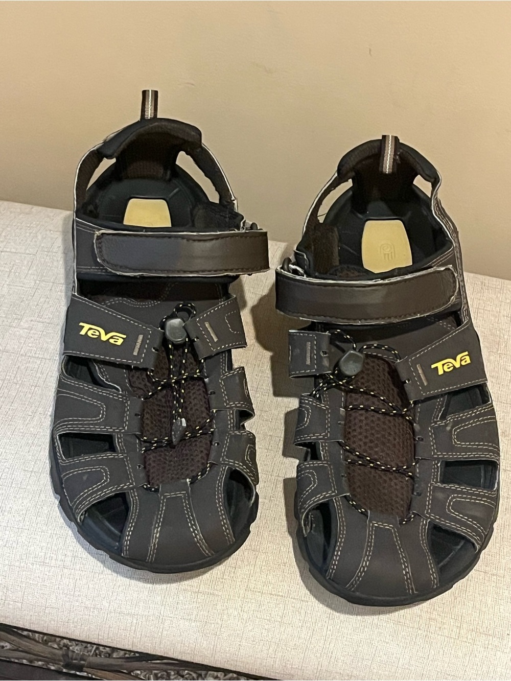Teva Men's Dark Brown Forbay Hiking Sandals with Yellow Logo, US 13/EU 47